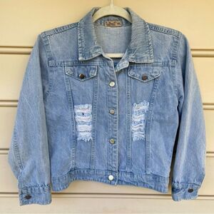 H.M. Silver Niddle Long Sleeve Distressed Crop Jean Jacket Blue Women's Size XXL